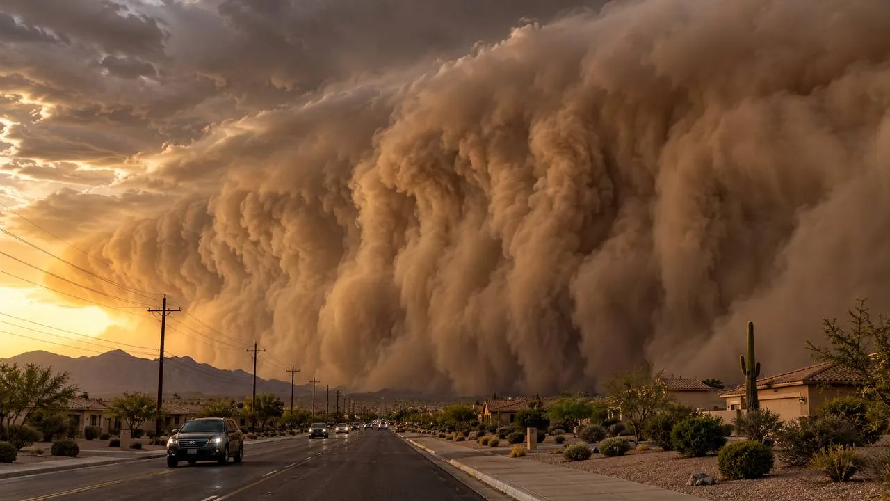 A towering dust wall moving over a desert neighborhood